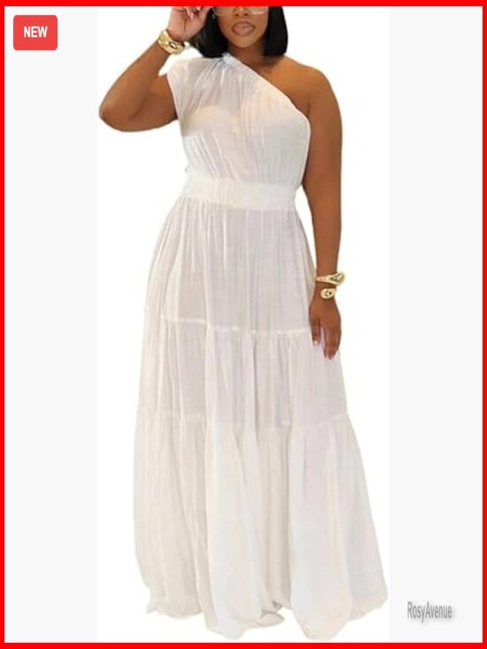 Dresses & Skirts - One Shoulder Maxi Dress Linen Style Sleeveless Flowy Ruffle Casual Summer